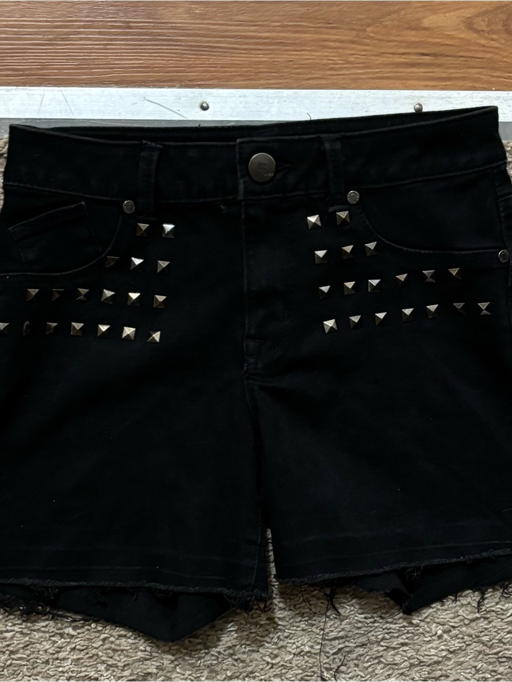 1822 Woman’s 8 Black Studded Denim Shorts Frayed Hems Bermuda Length